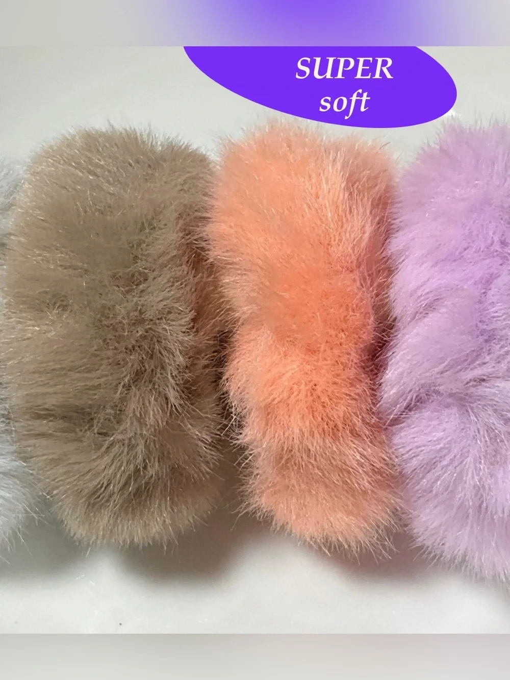 Fluffy Plush Hair Scrunchie Trio - Purple, Peach, and Taupe. Extremely SOFT
